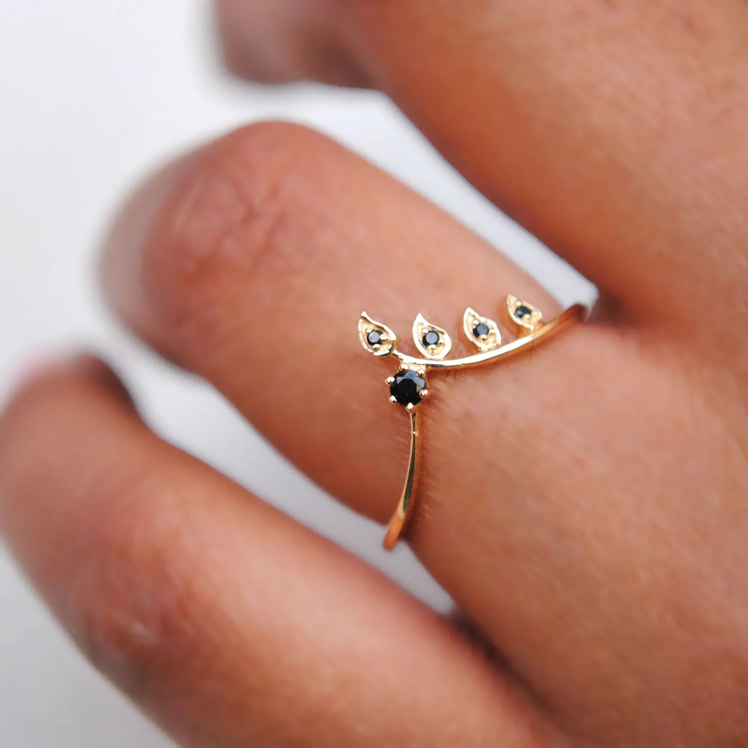 Gold and Black Diamond Leaf Chevron Stack Ring