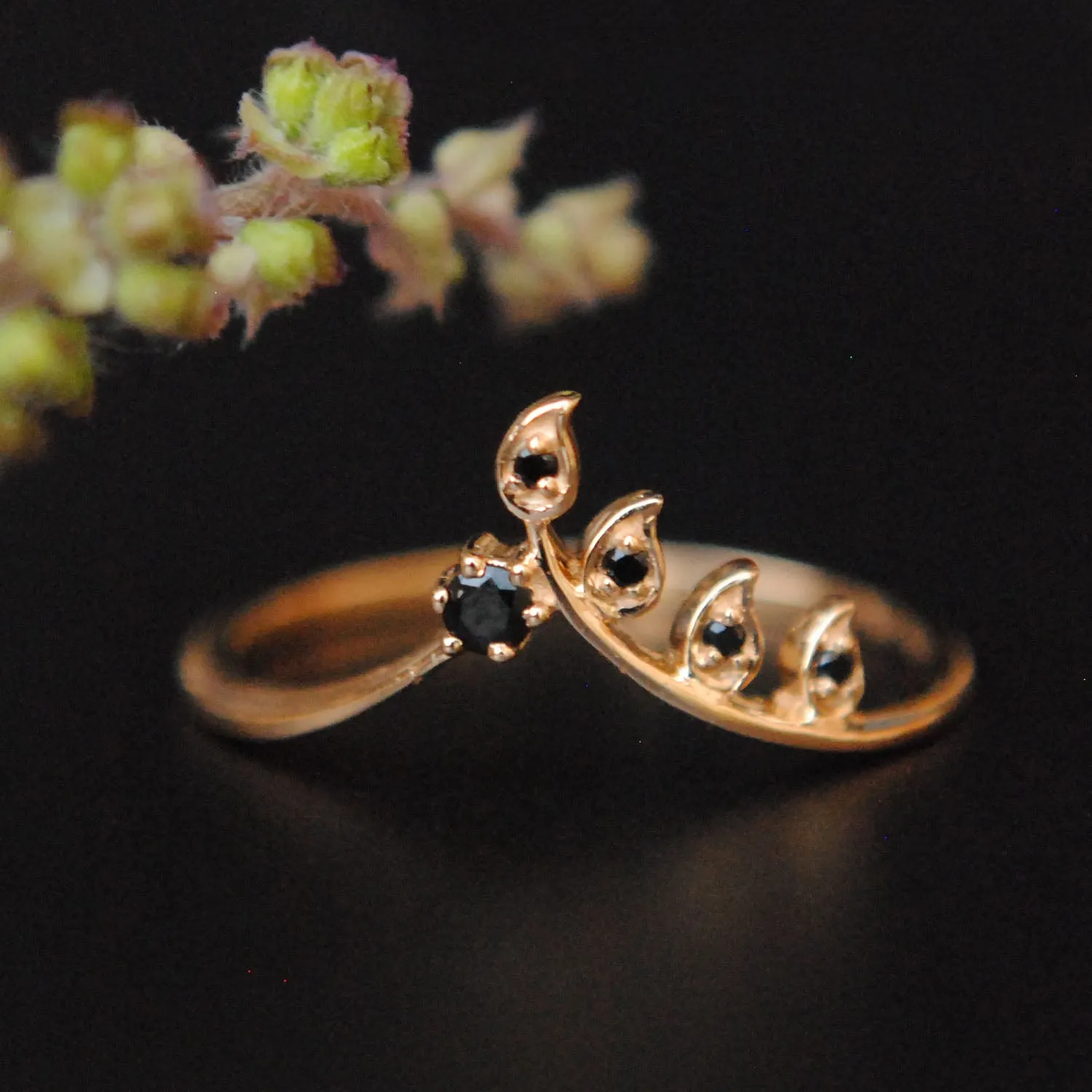 Gold and Black Diamond Leaf Chevron Stack Ring