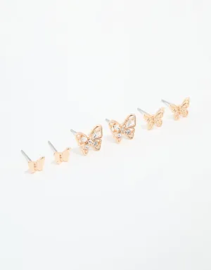 Gold Diamante & Sleek Butterfly Stud Earrings 3-Pack