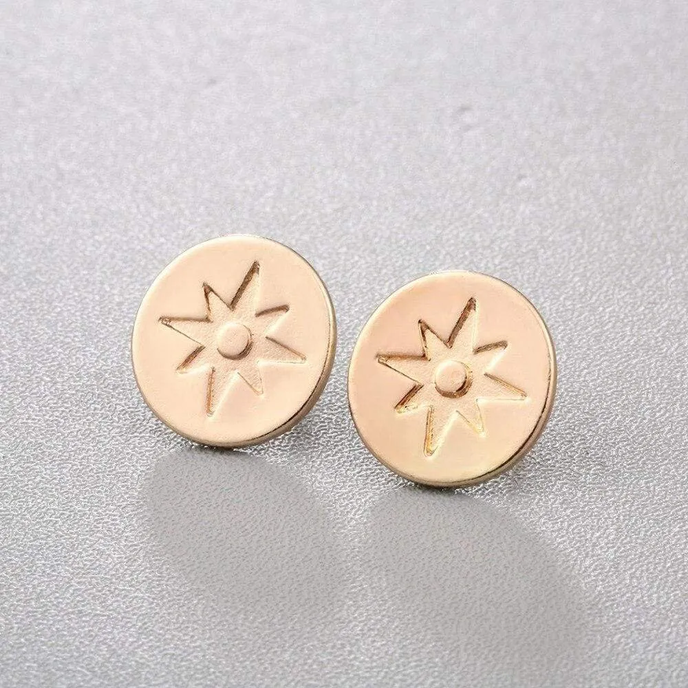 Gold Plated North Star Disc Stud Earrings