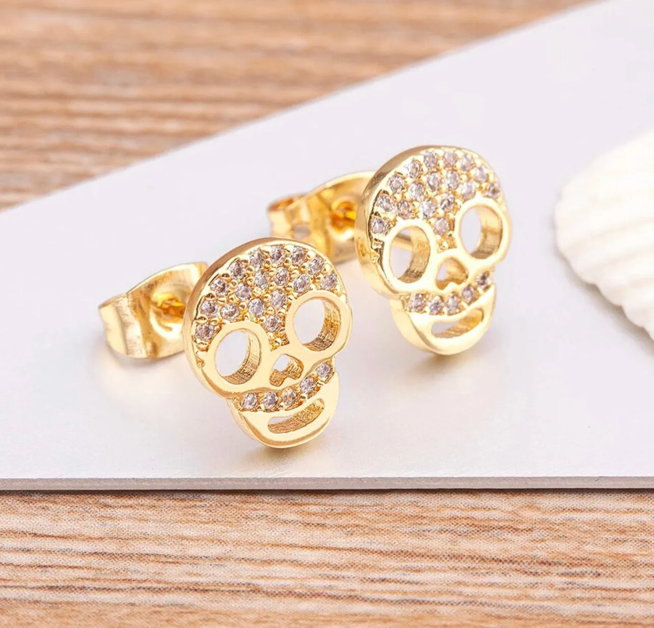 Gold Plated Skull Pave CZ Stud Earrings 210-01 | Erika Williner Designs