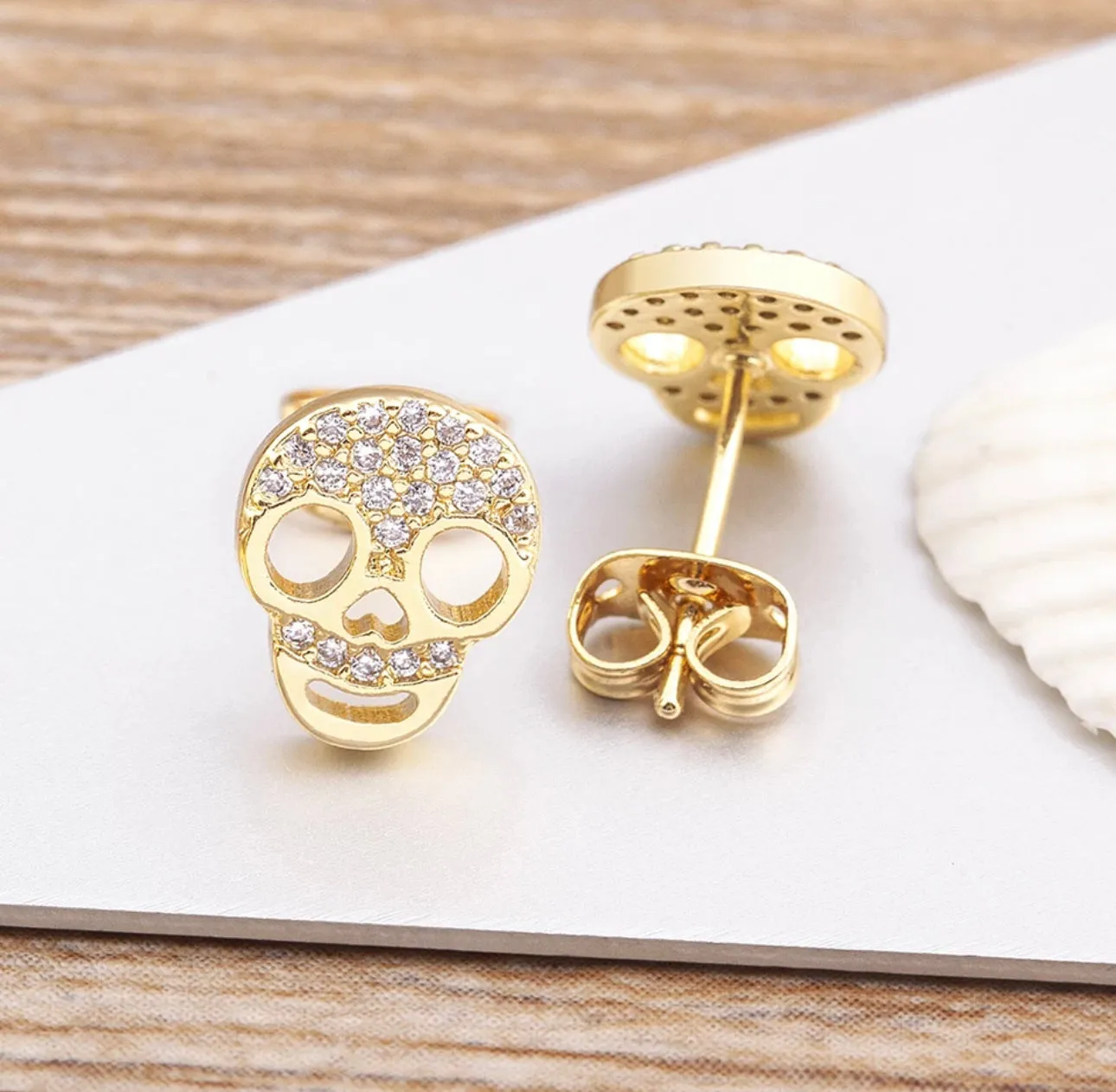 Gold Plated Skull Pave CZ Stud Earrings 210-01 | Erika Williner Designs
