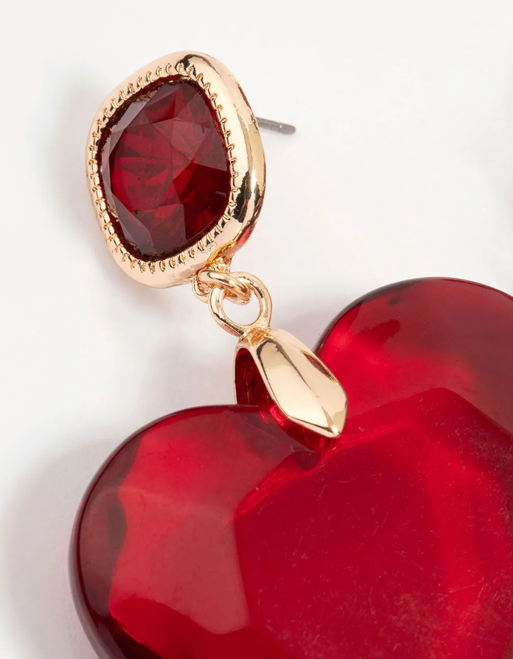 Gold Red Acrylic Heart Drop Earrings