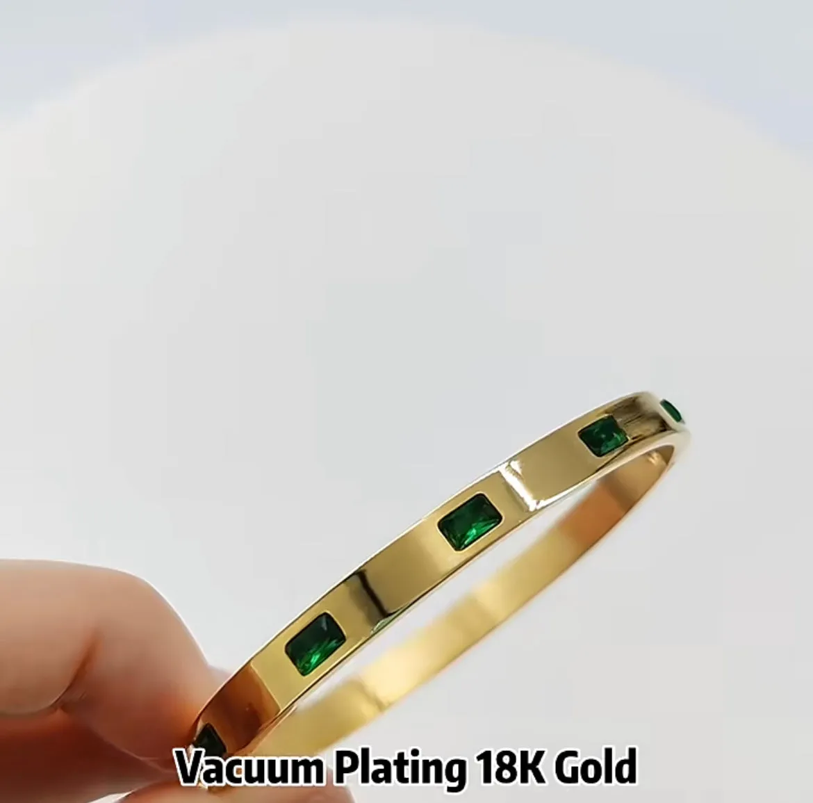 Green CZ Stainless Steel Bangle Bracelet - Gold