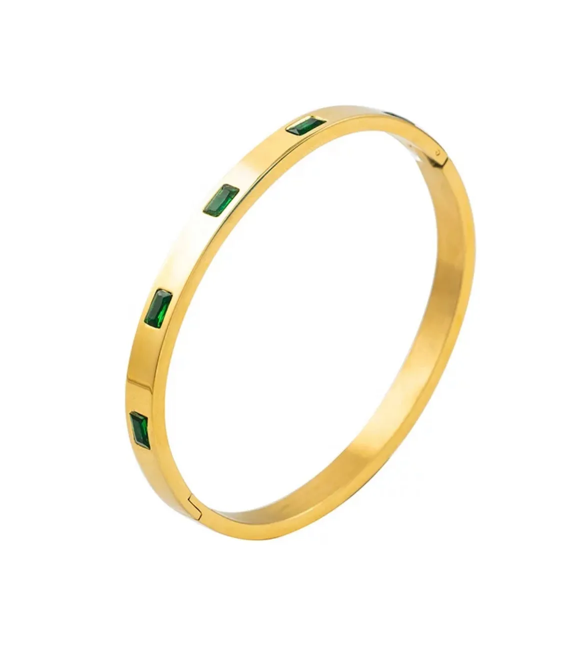 Green CZ Stainless Steel Bangle Bracelet - Gold