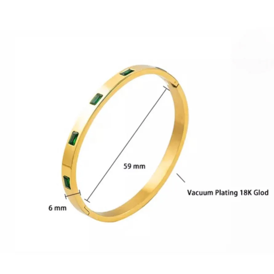 Green CZ Stainless Steel Bangle Bracelet - Gold