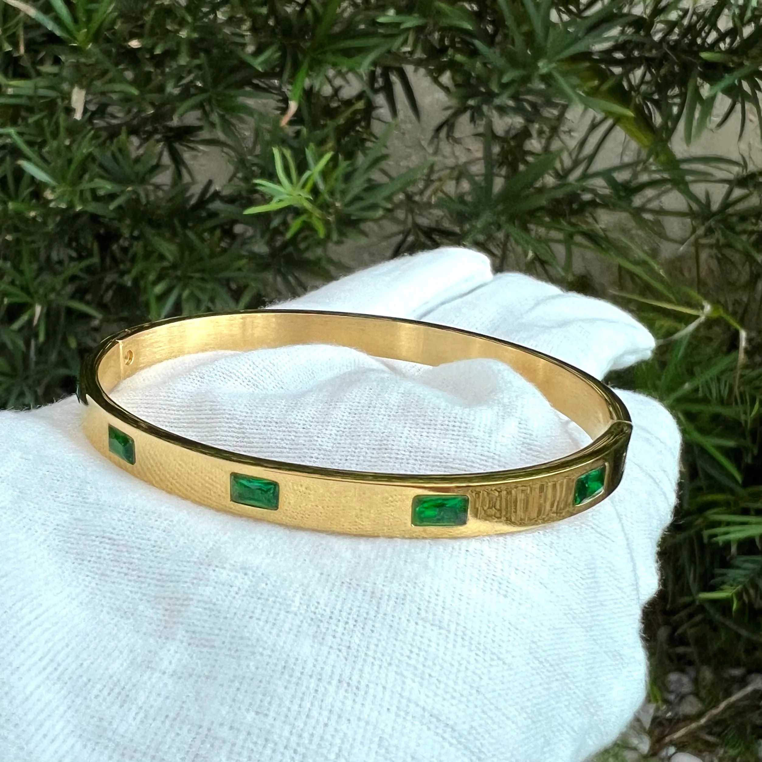 Green CZ Stainless Steel Bangle Bracelet - Gold