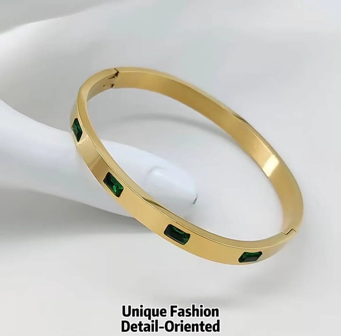 Green CZ Stainless Steel Bangle Bracelet - Gold