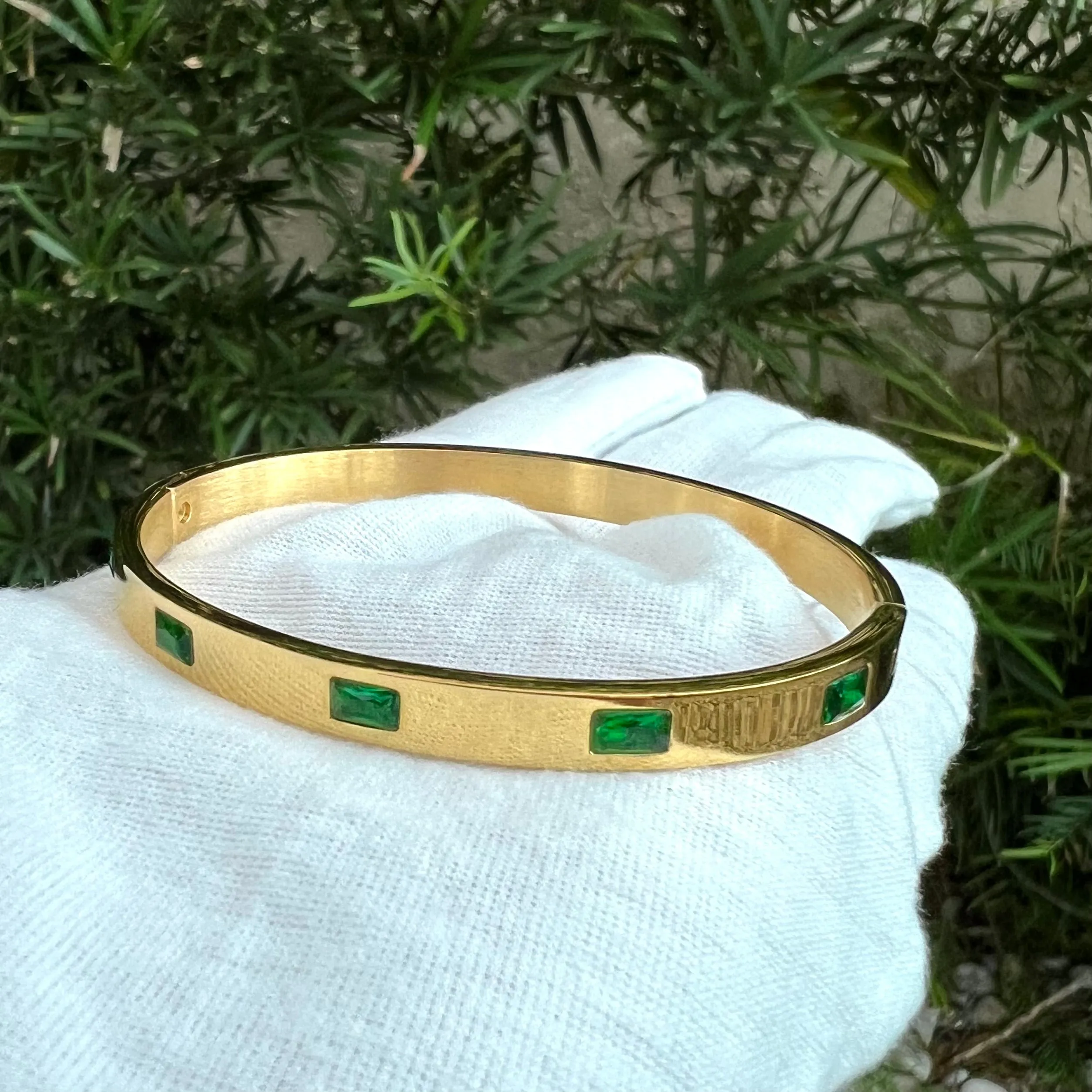 Green CZ Stainless Steel Bangle Bracelet - Gold