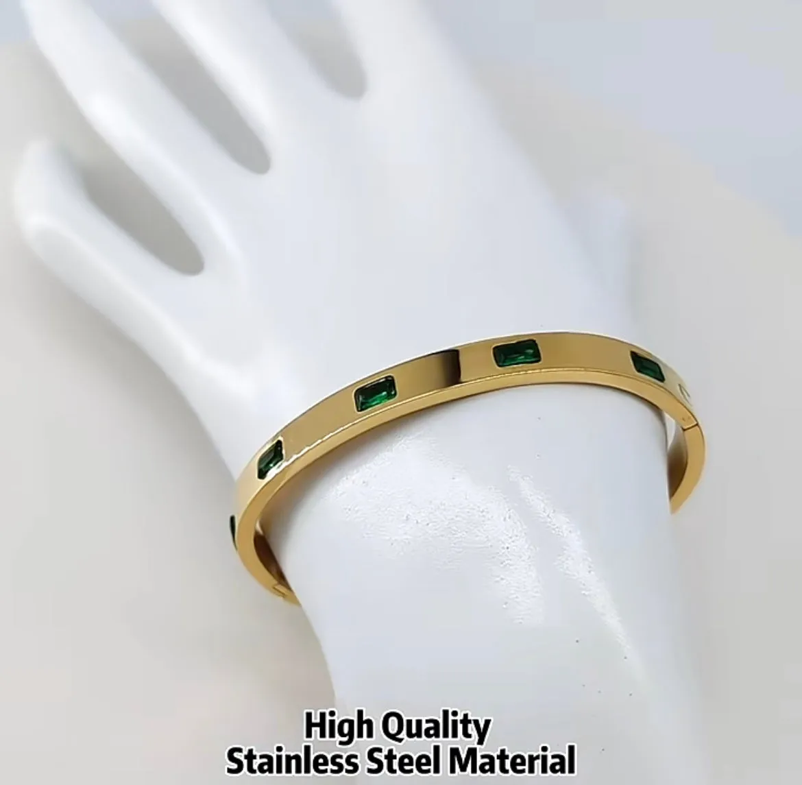 Green CZ Stainless Steel Bangle Bracelet - Gold
