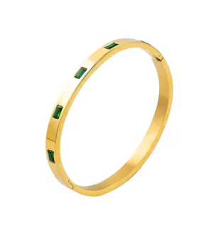 Green CZ Stainless Steel Bangle Bracelet - Gold