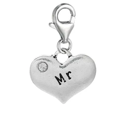Heart Dangle 2 Sided Clear Rhinestones Pendant w/ Clear Crystal Dangle Charm Pendant w/ Lobster Clasp (Mr)