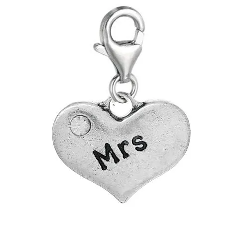 Heart Dangle 2 Sided Clear Rhinestones Pendant w/ Clear Crystal Dangle Charm Pendant w/ Lobster Clasp (Mrs)