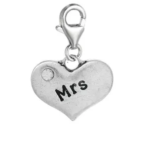 Heart Dangle 2 Sided Clear Rhinestones Pendant w/ Clear Crystal Dangle Charm Pendant w/ Lobster Clasp (Mrs)