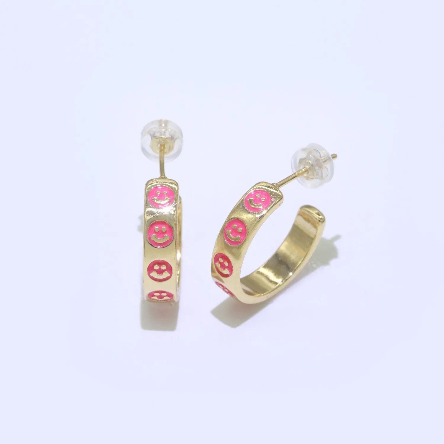 Hot Pink Happy Face Enamel Round hoop earrings 17.5mm, Lead Nickel free Earrings Y2K Gold Filled Round hoop Smiley Face Jewlery