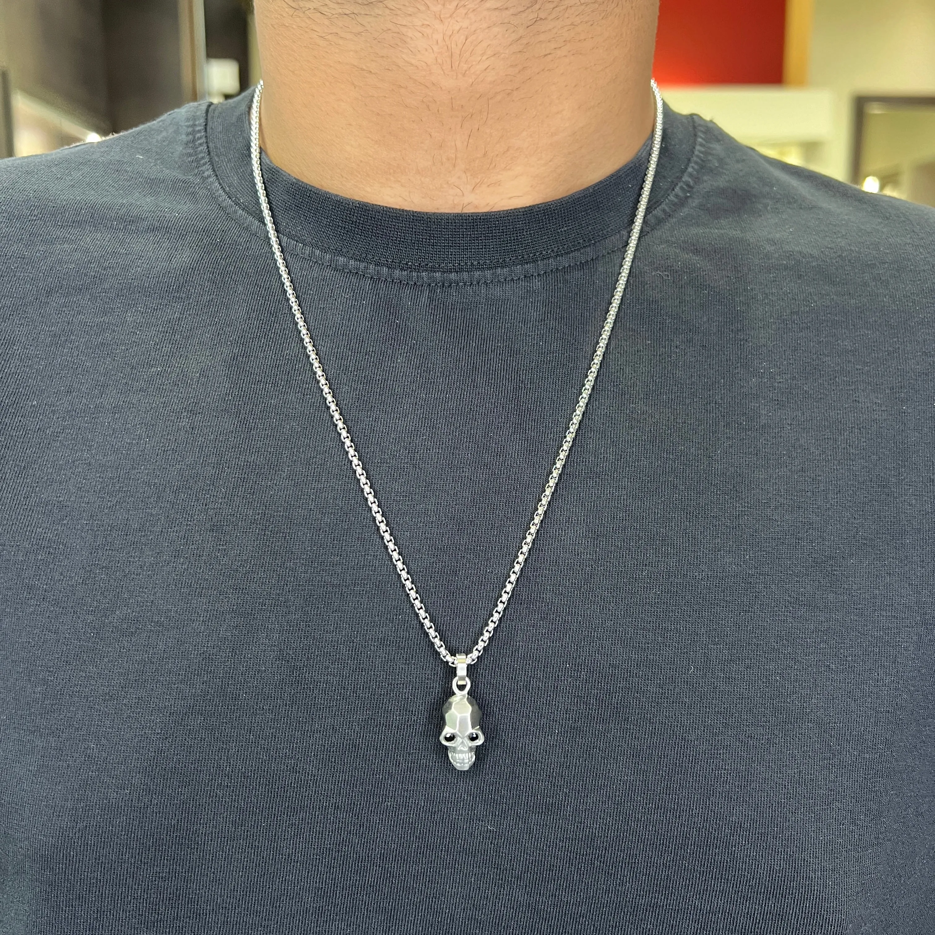 Italgem Stainless Steel Matte Skull and Black CZ Necklace