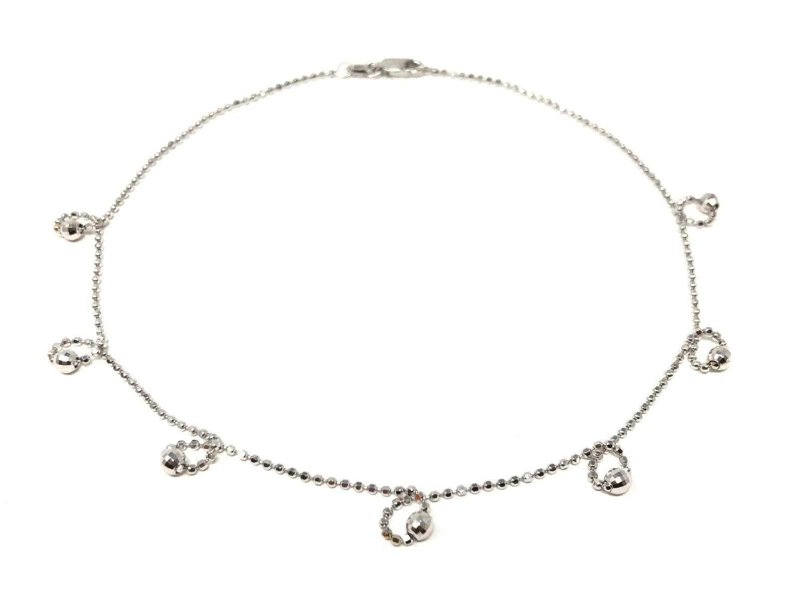 Italian 14k White Gold Diamond Cut Ball Bead Link Charm Anklet/Bracelet 10" 2.5g