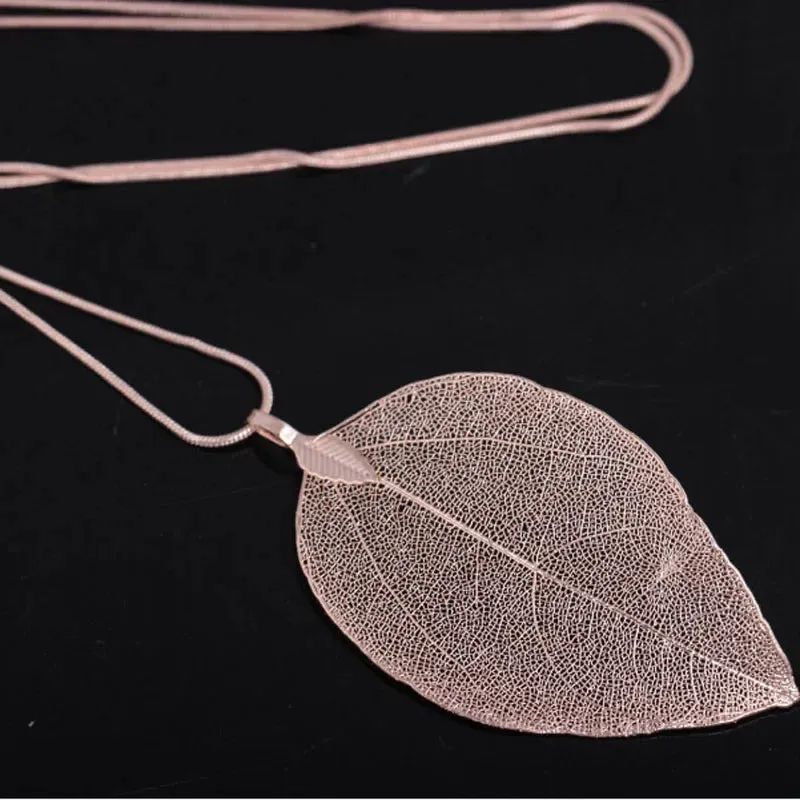 Jewelry Maxi Necklace Rose Gold Color Chain Real Leaf Charm Design Pendant Necklaces & Pendants Women