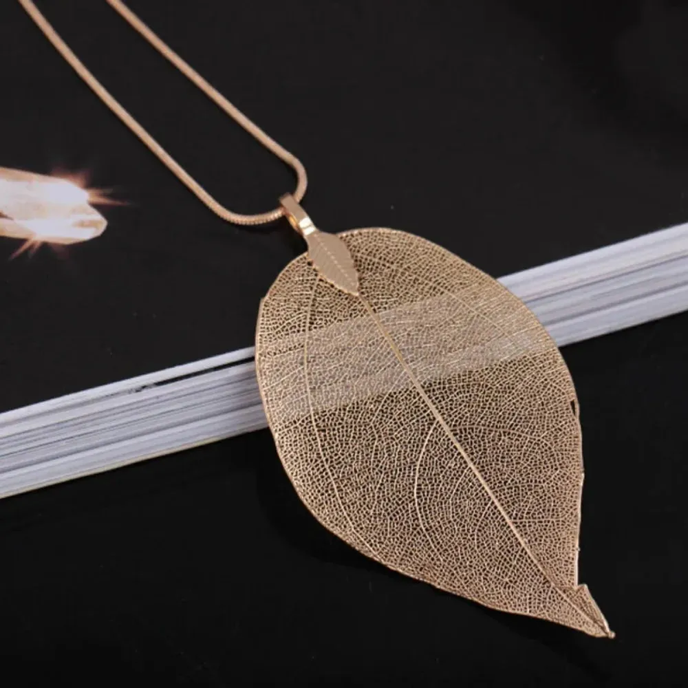 Jewelry Maxi Necklace Rose Gold Color Chain Real Leaf Charm Design Pendant Necklaces & Pendants Women