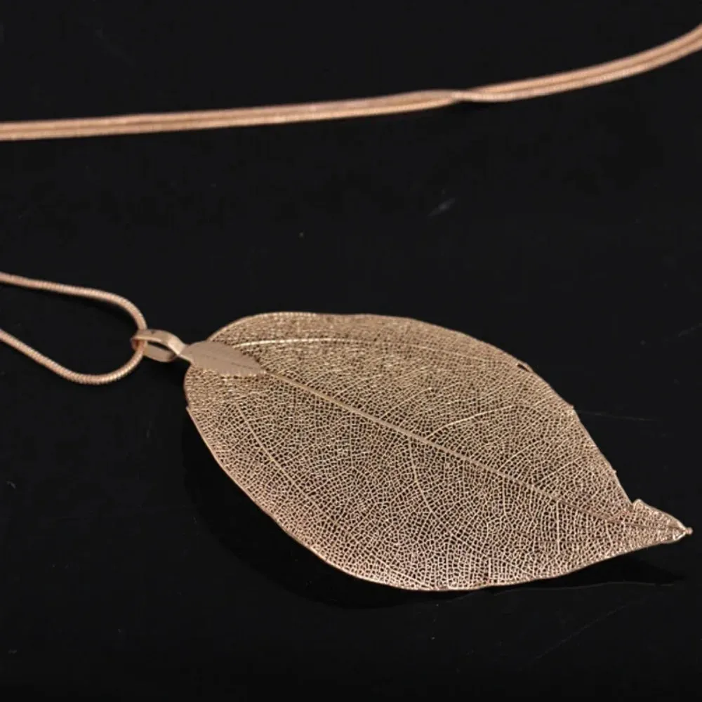 Jewelry Maxi Necklace Rose Gold Color Chain Real Leaf Charm Design Pendant Necklaces & Pendants Women