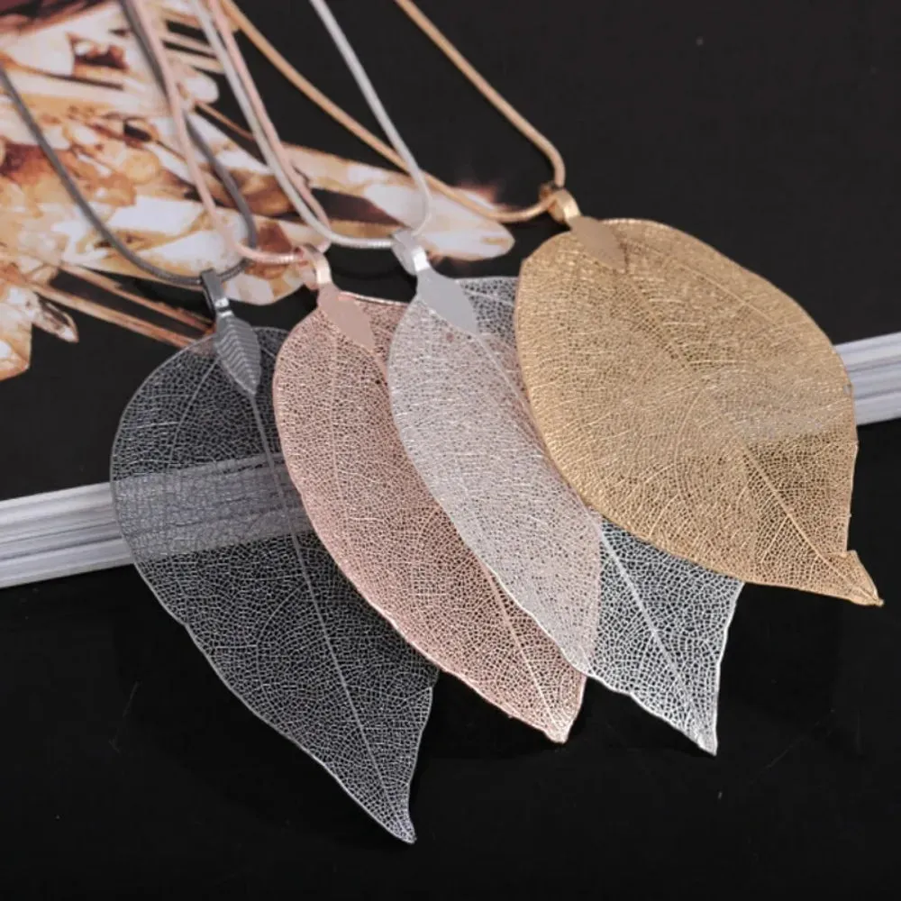 Jewelry Maxi Necklace Rose Gold Color Chain Real Leaf Charm Design Pendant Necklaces & Pendants Women