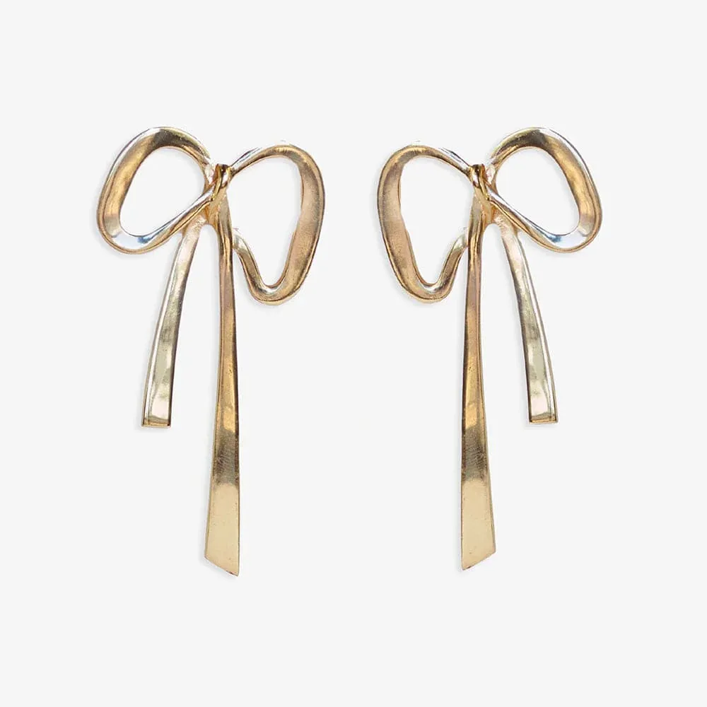 Katie Large Ribbon Bow Brass Earrings