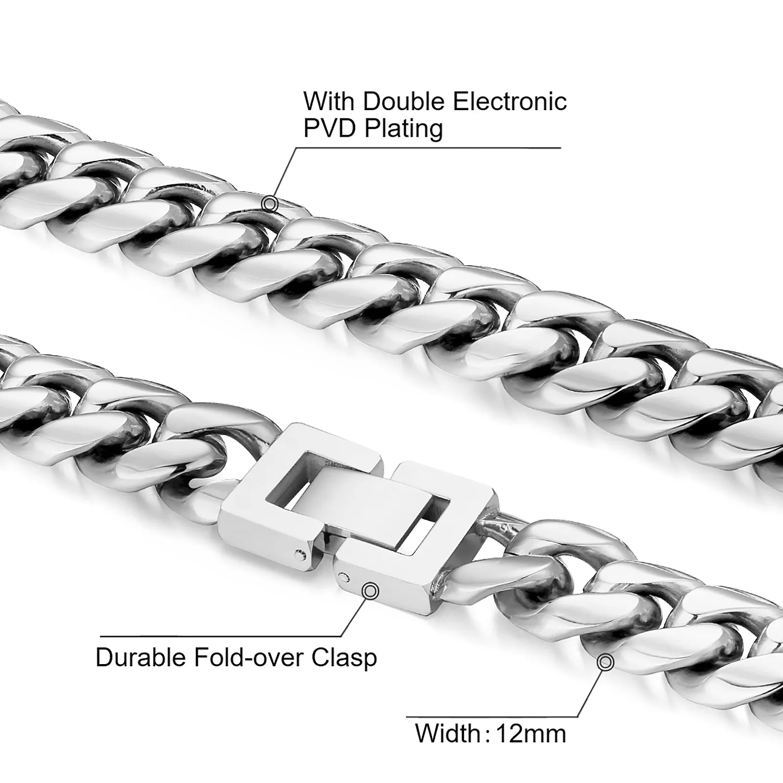 KRKC 12mm Mens Miami Cuban Link Chain and Bracelet Set in White Gold