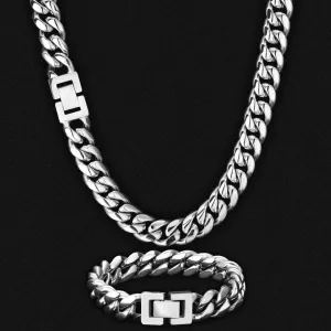 KRKC 12mm Mens Miami Cuban Link Chain and Bracelet Set in White Gold