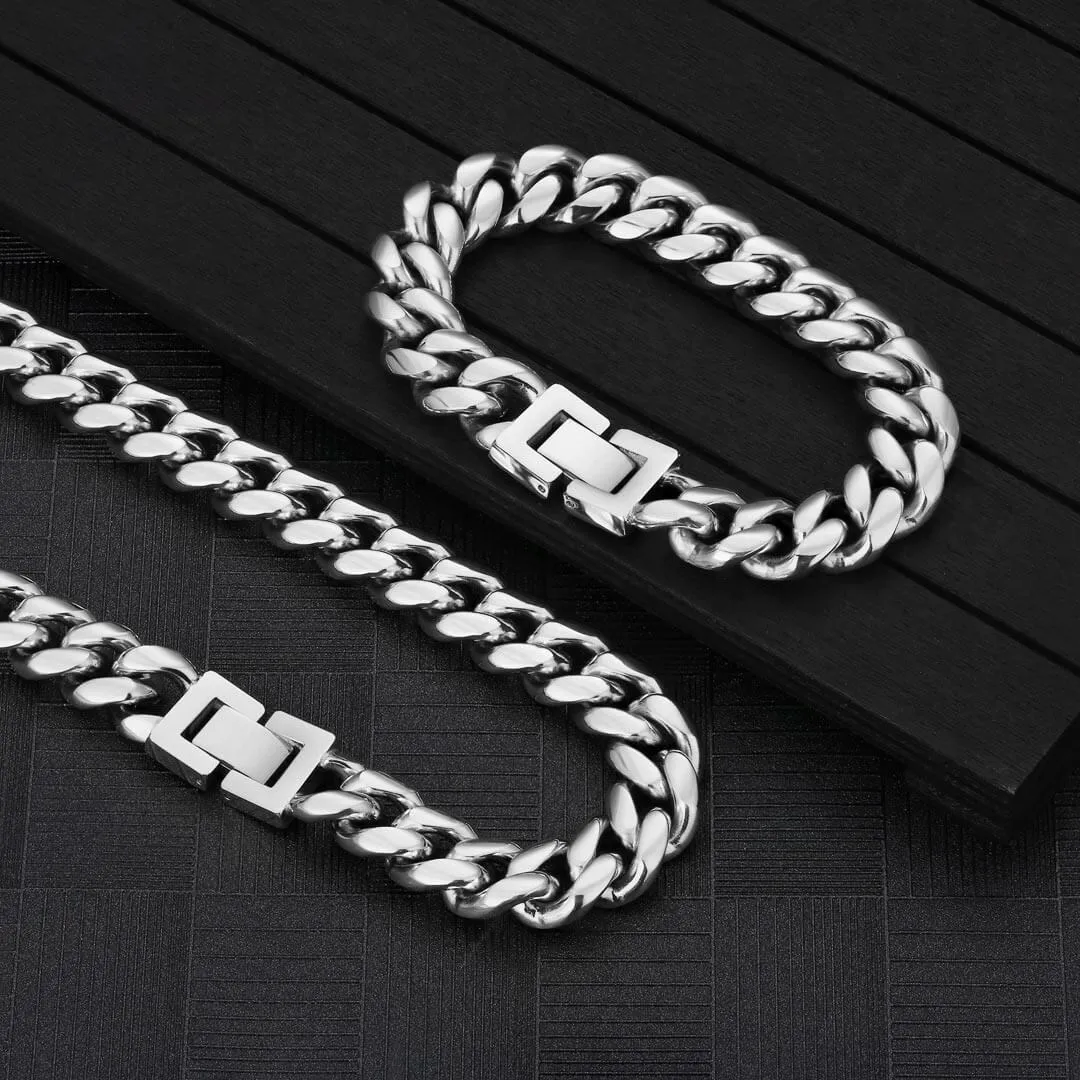KRKC 12mm Mens Miami Cuban Link Chain and Bracelet Set in White Gold