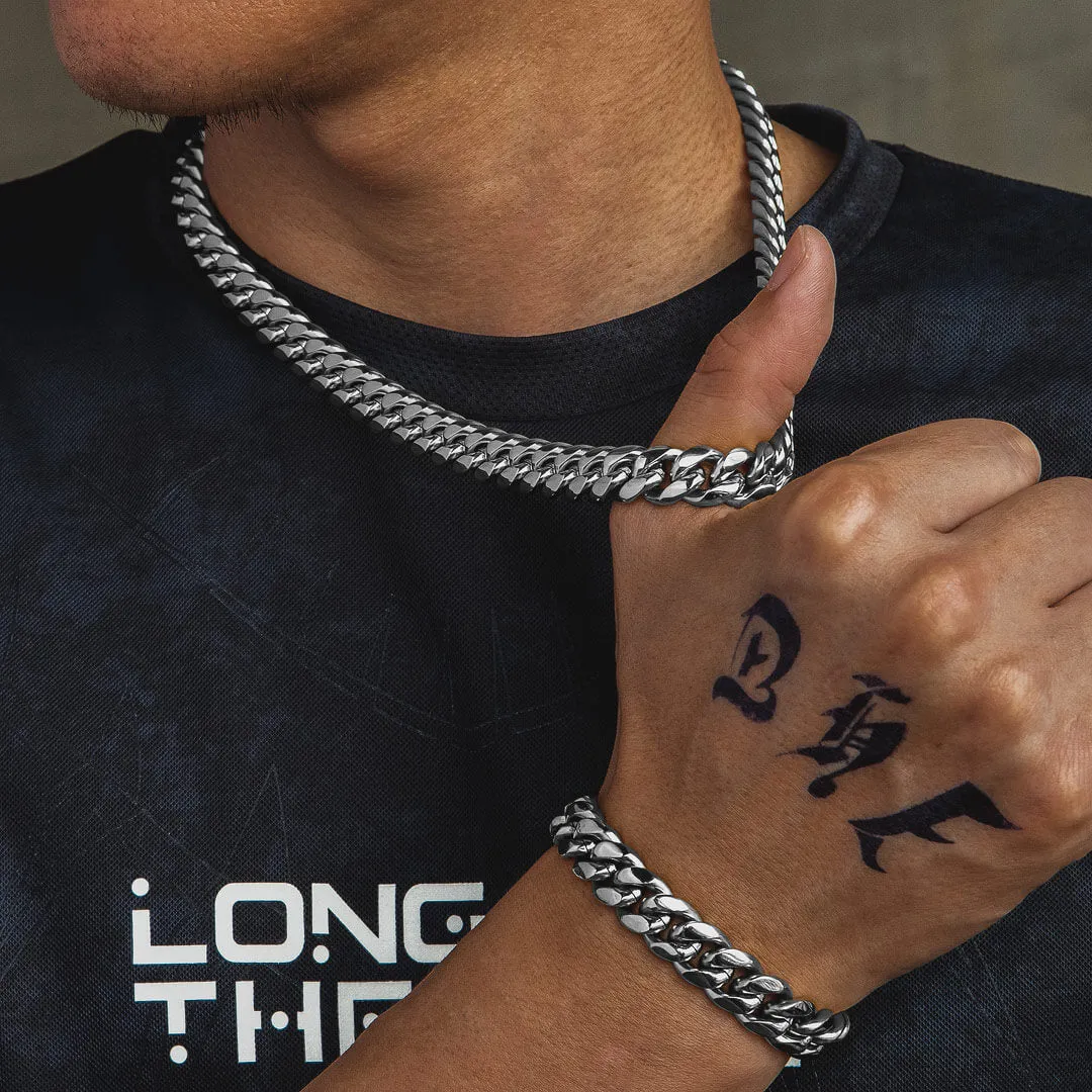 KRKC 12mm Mens Miami Cuban Link Chain and Bracelet Set in White Gold