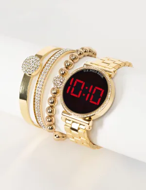 LADIES GOLD LINK WATCH AND BRACELETS SET