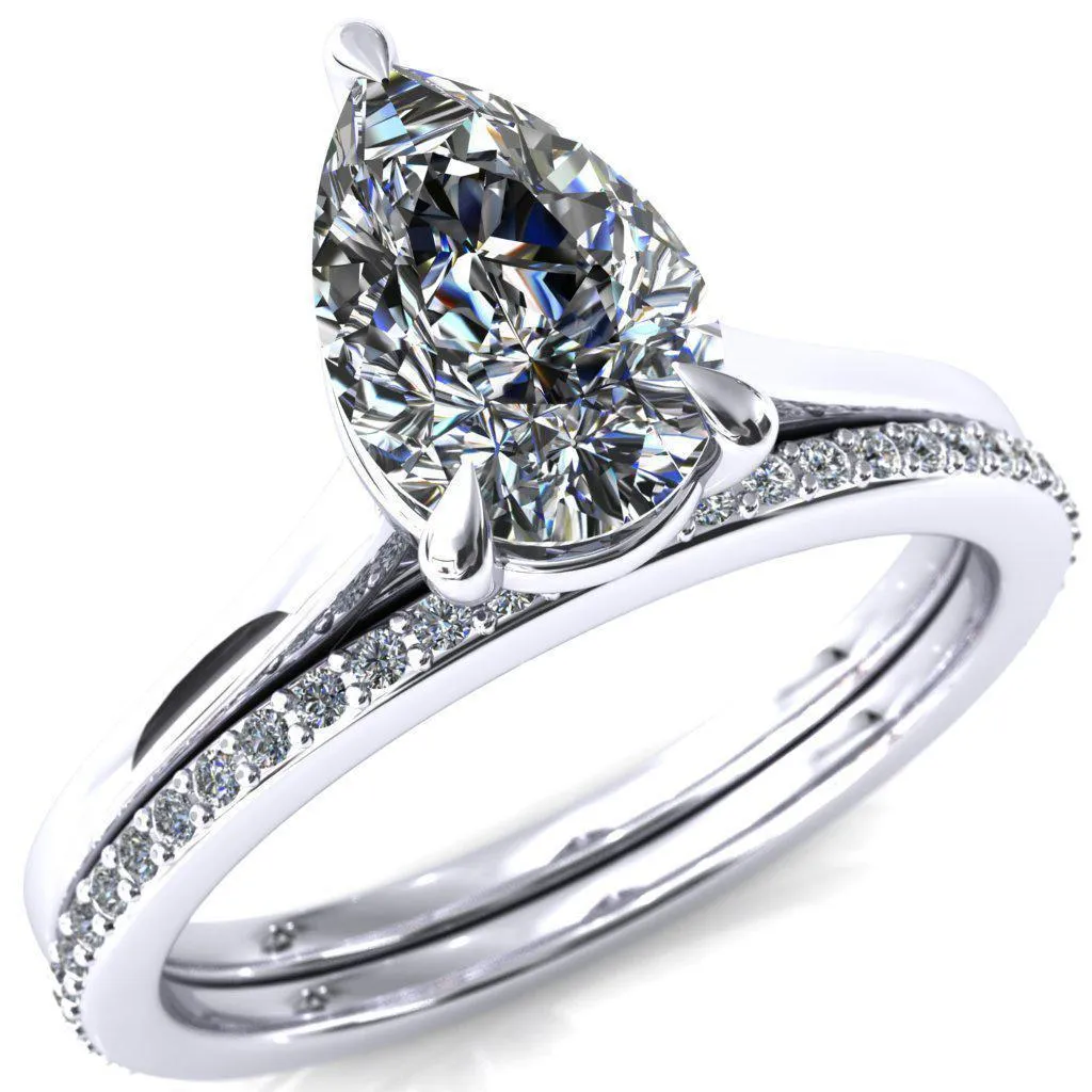 Lizzy Pear Center Stone 3 Claw Prong Cathedral Engagement Ring