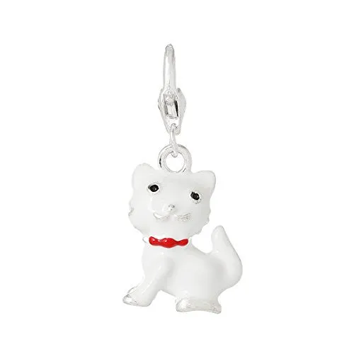 Lovely Enamel White Cat Clip On Charm Pendant for European Charm Jewelry w/ Lobster Clasp