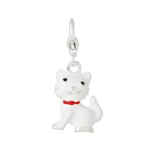 Lovely Enamel White Cat Clip On Charm Pendant for European Charm Jewelry w/ Lobster Clasp