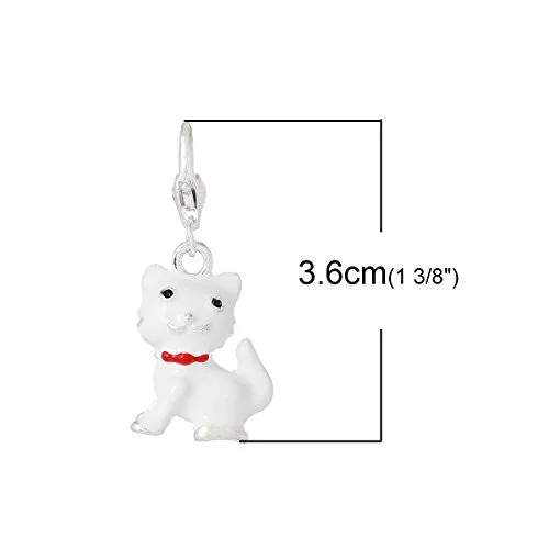 Lovely Enamel White Cat Clip On Charm Pendant for European Charm Jewelry w/ Lobster Clasp