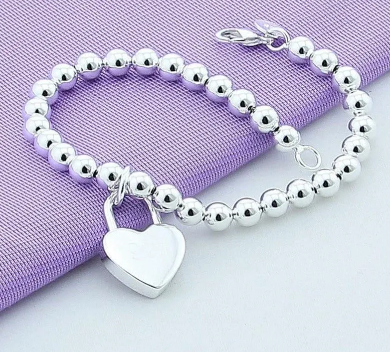 Lover Bead Bracelet 925 Sterling Silver Women Heart Lock Jewelry