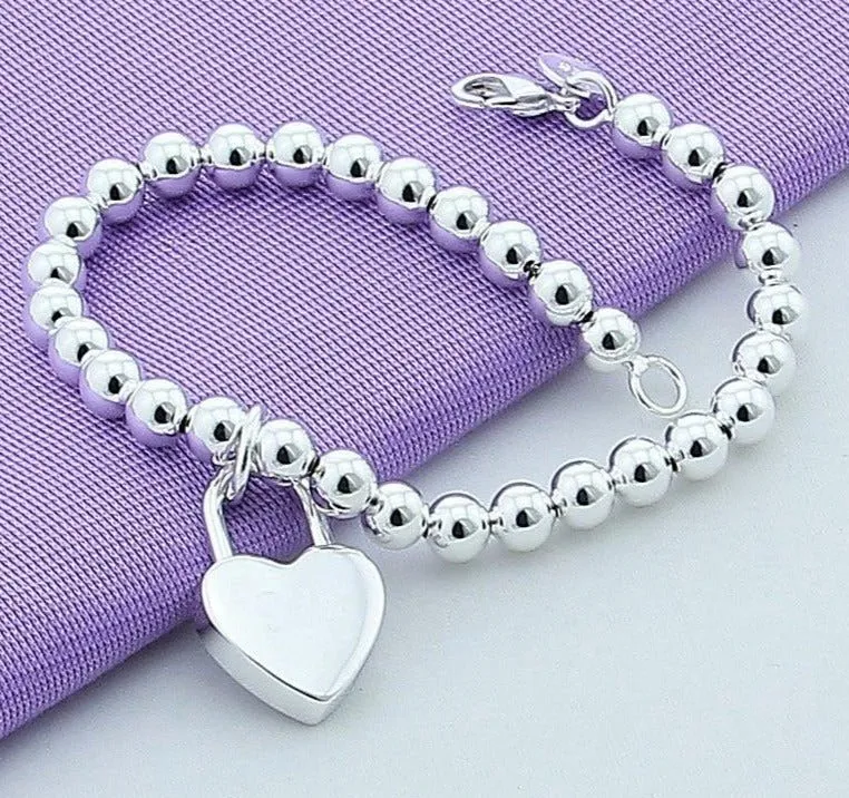 Lover Bead Bracelet 925 Sterling Silver Women Heart Lock Jewelry
