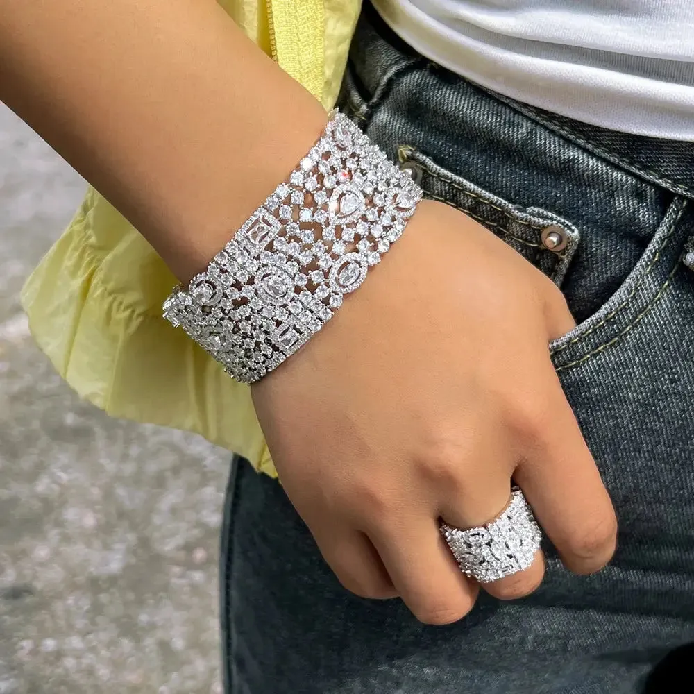 Luxury Chunky Cubic Zirconia Inlay Wide Big Open Cuff Bangle and Ring  Wedding Bridal Party Jewelry Sets