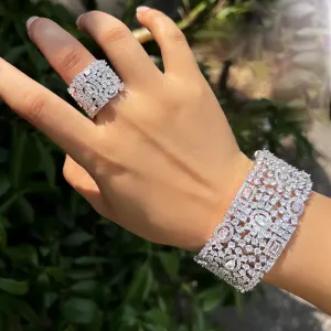 Luxury Chunky Cubic Zirconia Inlay Wide Big Open Cuff Bangle and Ring  Wedding Bridal Party Jewelry Sets