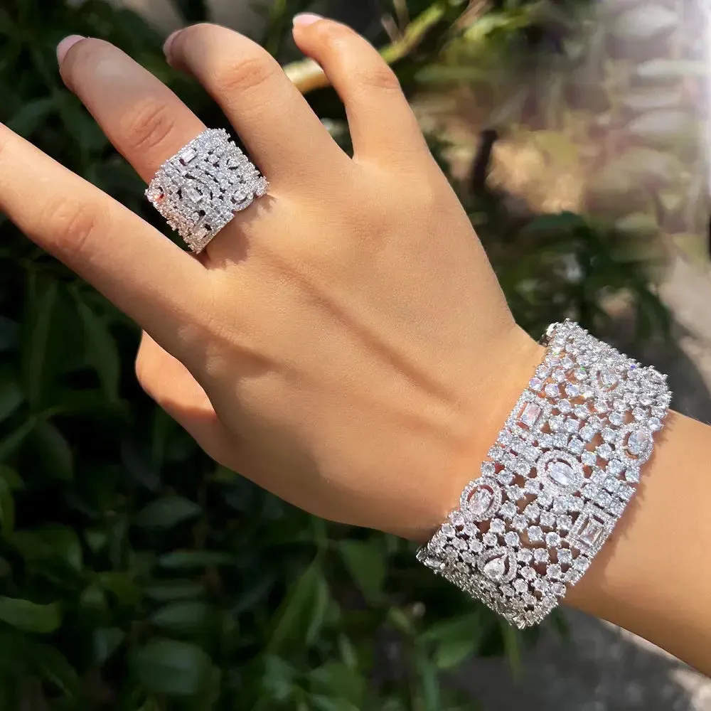 Luxury Chunky Cubic Zirconia Inlay Wide Big Open Cuff Bangle and Ring  Wedding Bridal Party Jewelry Sets