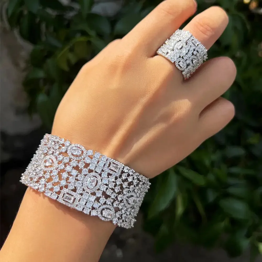 Luxury Chunky Cubic Zirconia Inlay Wide Big Open Cuff Bangle and Ring  Wedding Bridal Party Jewelry Sets