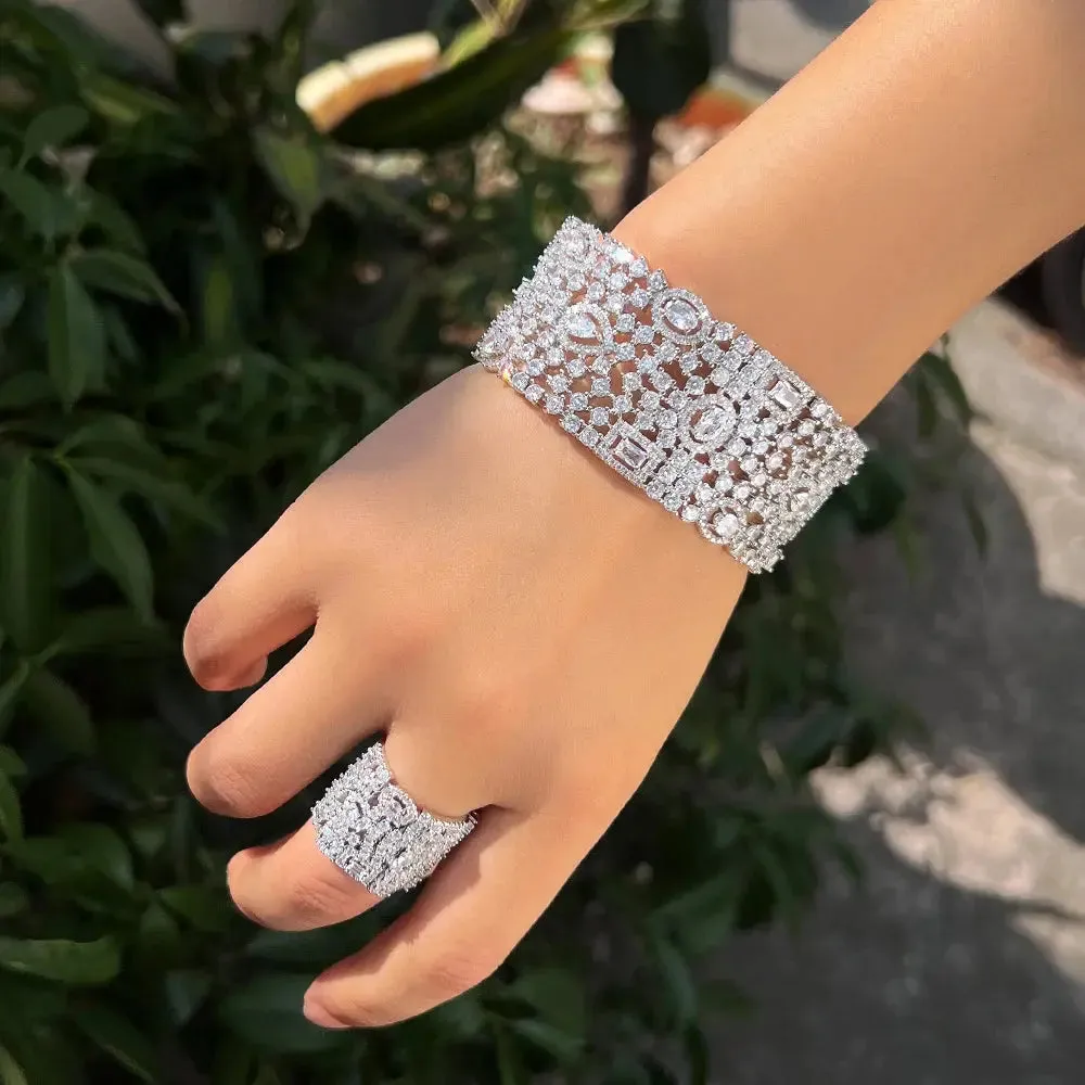 Luxury Chunky Cubic Zirconia Inlay Wide Big Open Cuff Bangle and Ring  Wedding Bridal Party Jewelry Sets