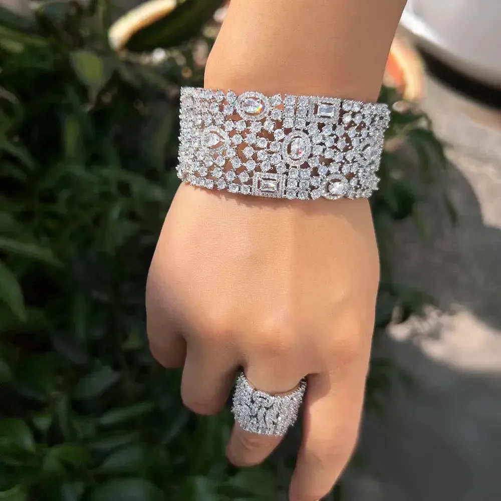 Luxury Chunky Cubic Zirconia Inlay Wide Big Open Cuff Bangle and Ring  Wedding Bridal Party Jewelry Sets
