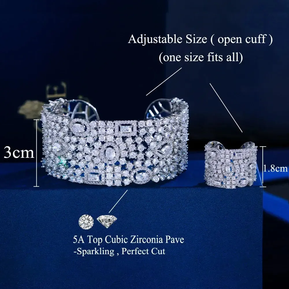 Luxury Chunky Cubic Zirconia Inlay Wide Big Open Cuff Bangle and Ring  Wedding Bridal Party Jewelry Sets