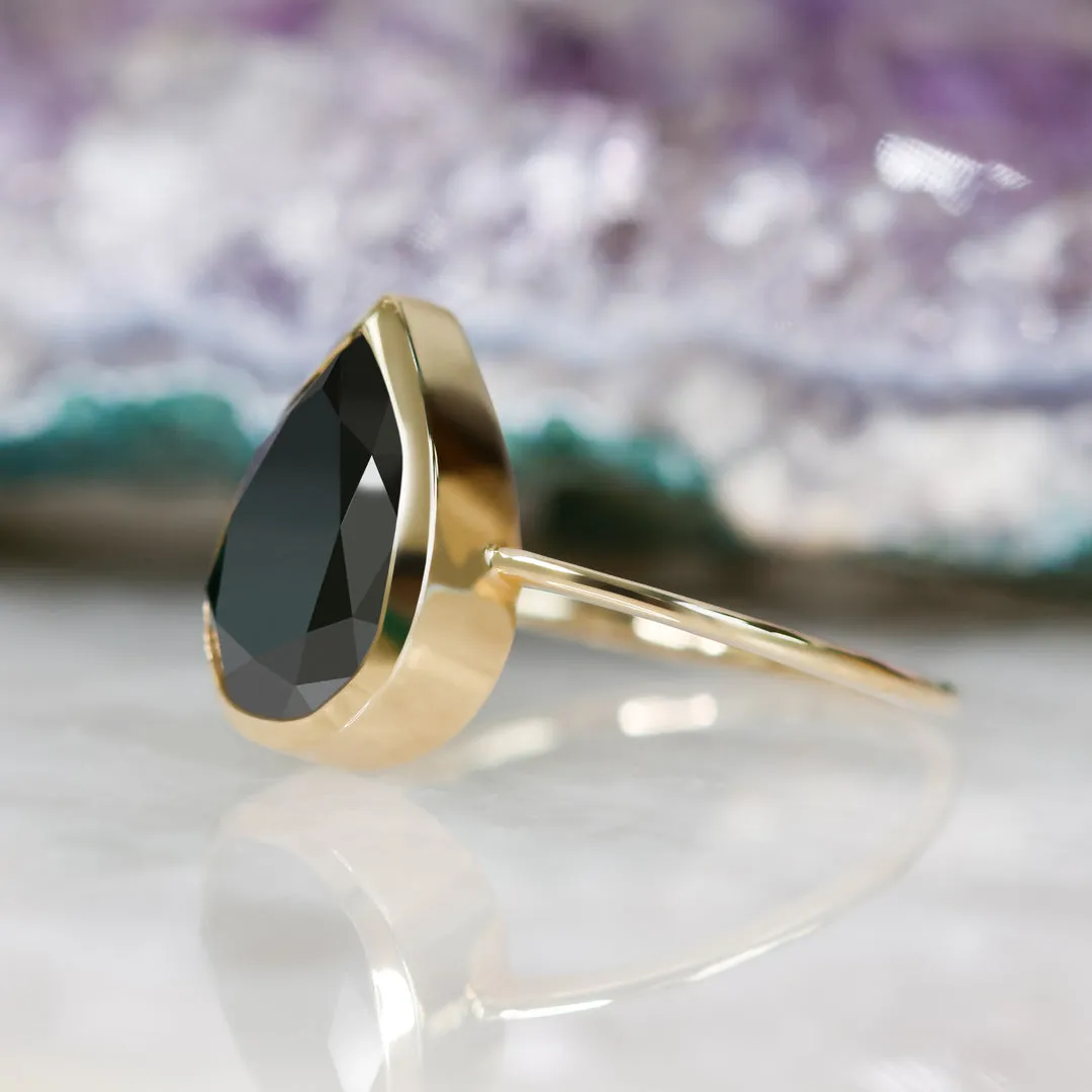 Lyra Bezel Natural Black Diamond Pear Cut Engagement Ring