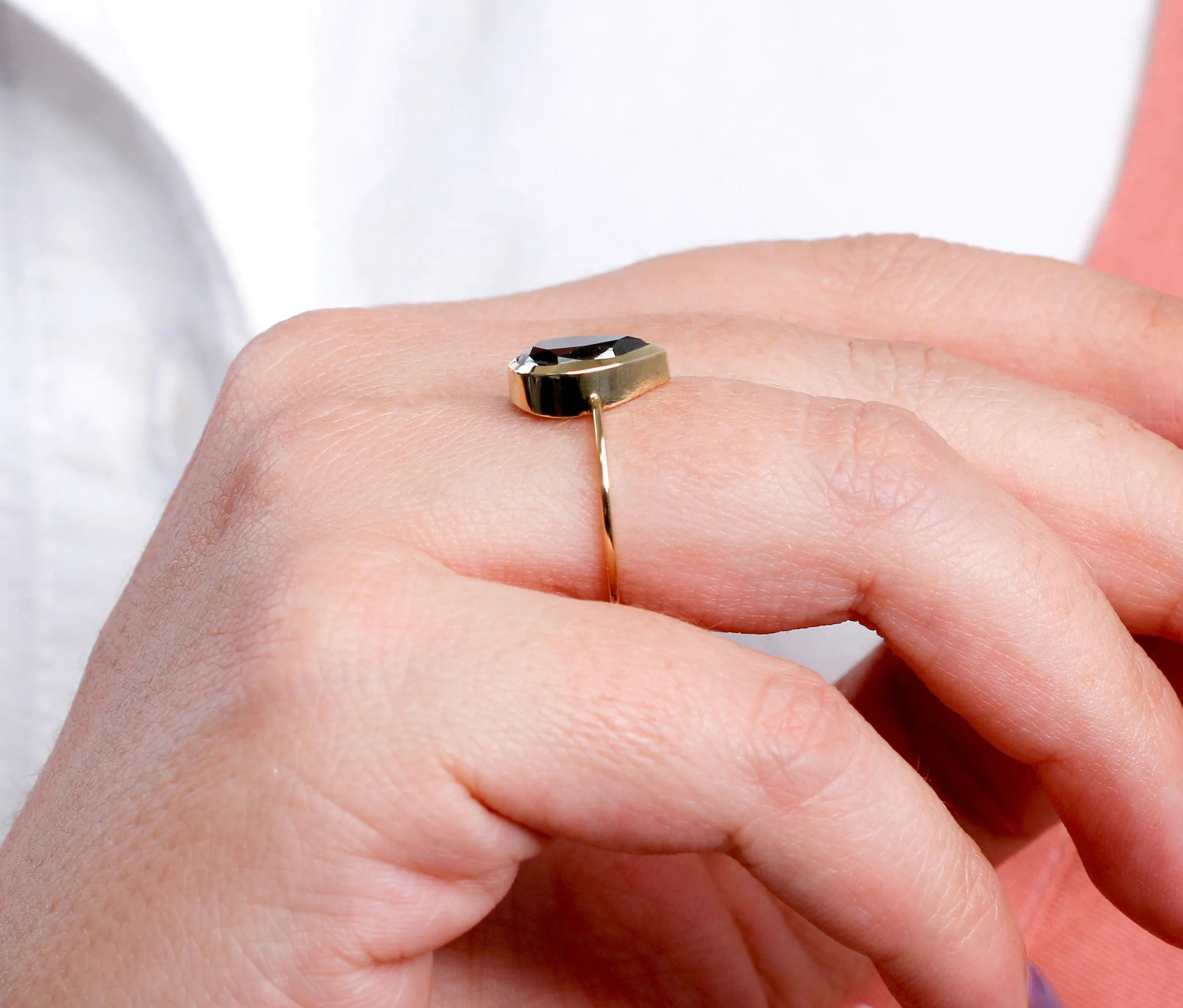 Lyra Bezel Natural Black Diamond Pear Cut Engagement Ring