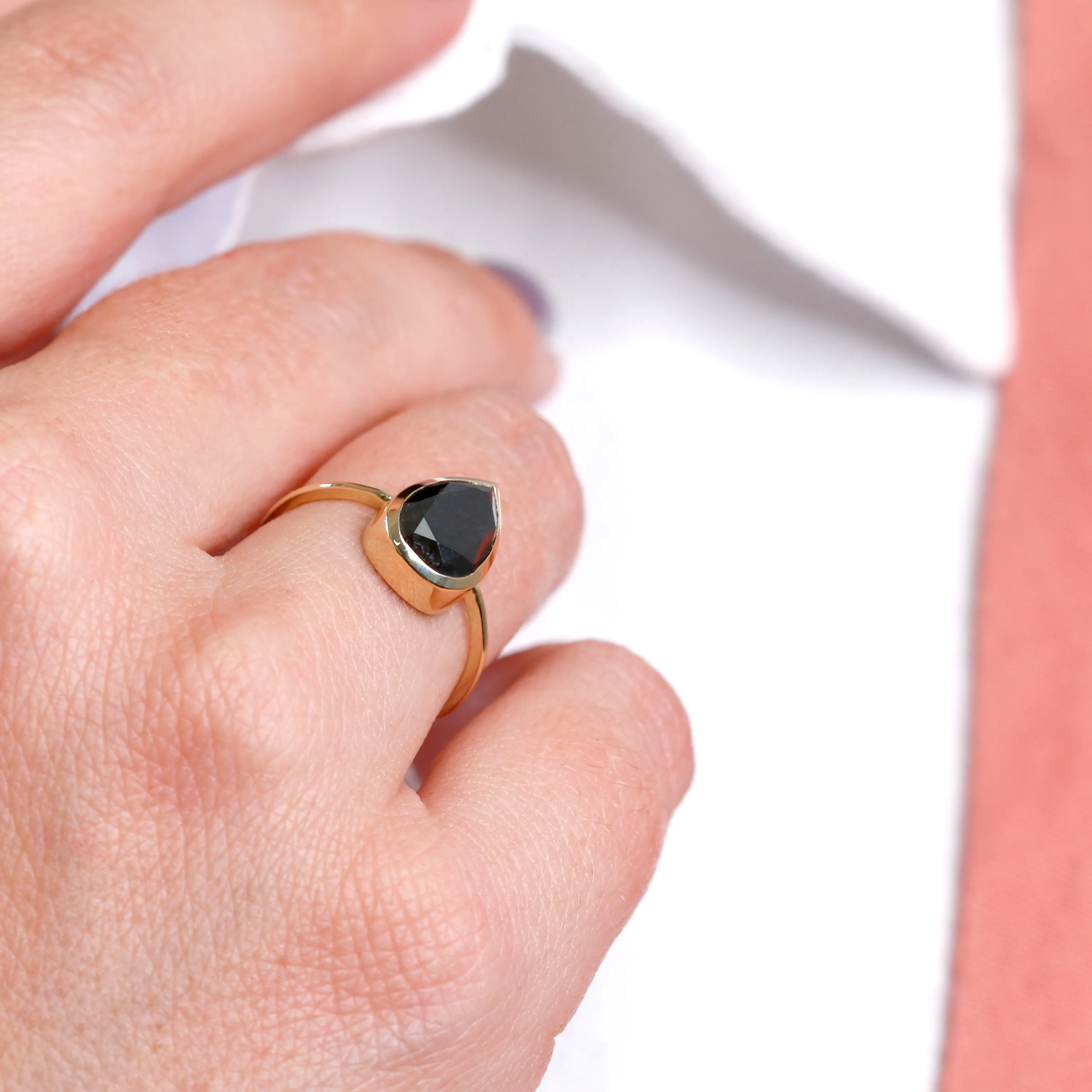Lyra Bezel Natural Black Diamond Pear Cut Engagement Ring