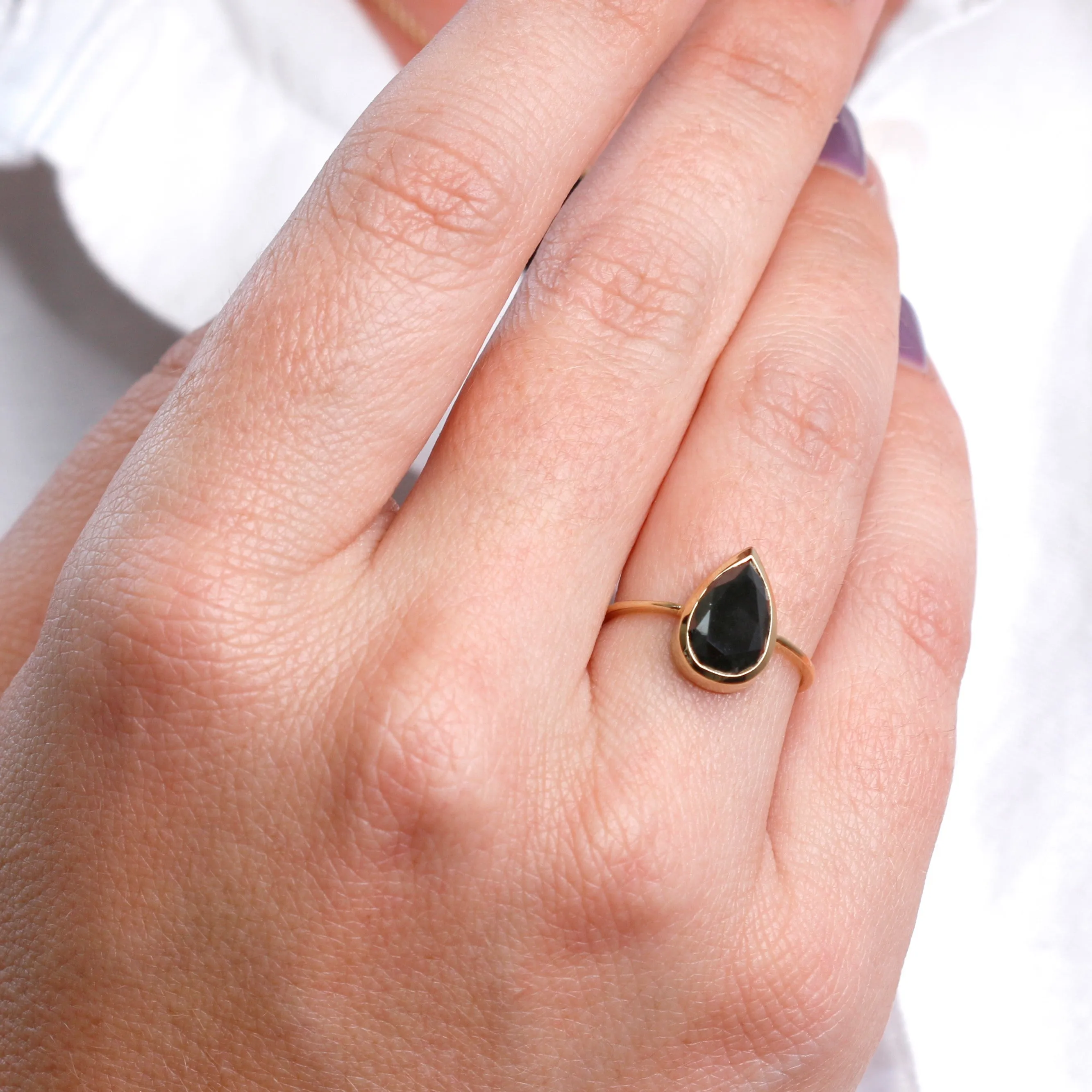 Lyra Bezel Natural Black Diamond Pear Cut Engagement Ring