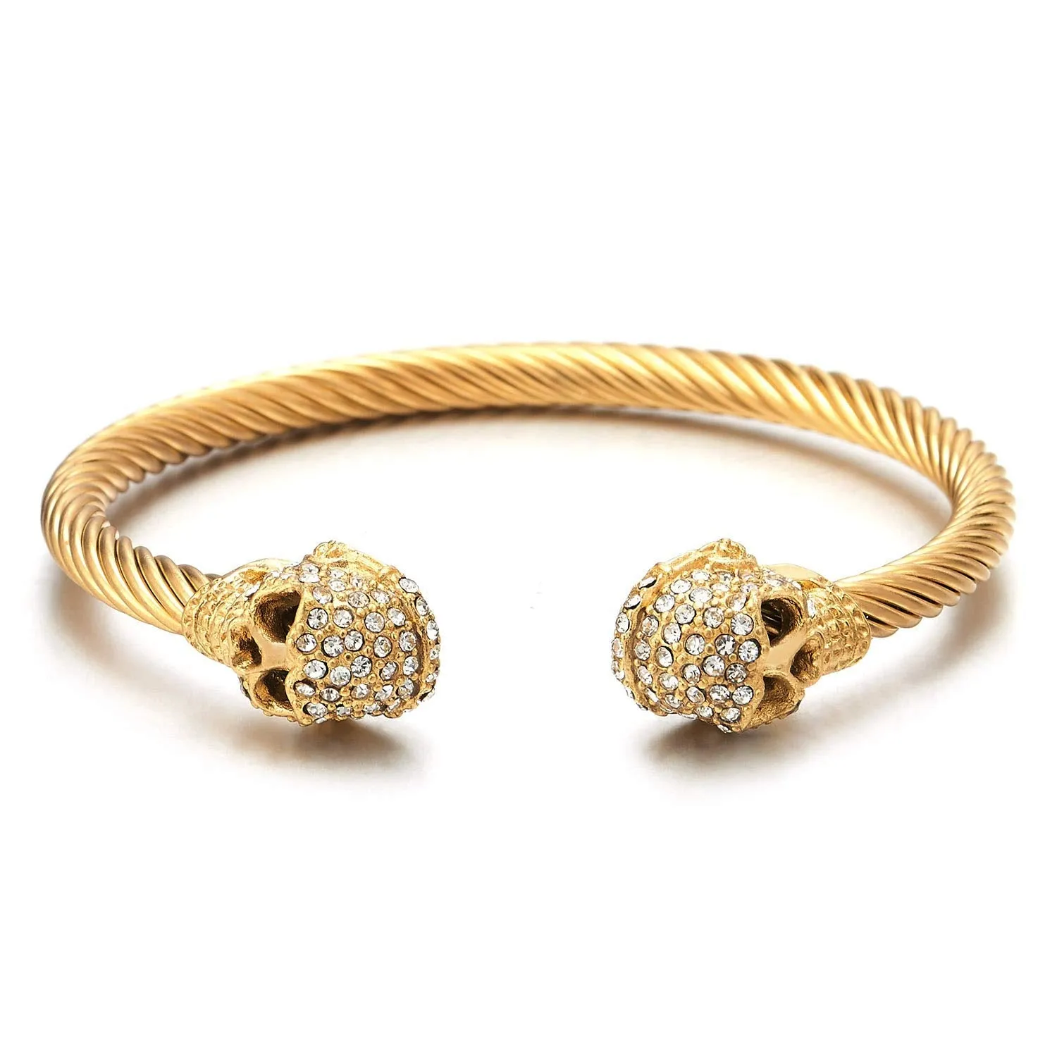 Men Women Steel Gold Skull Cuff Bangle Bracelet with Cubic Zirconia, Adjustable