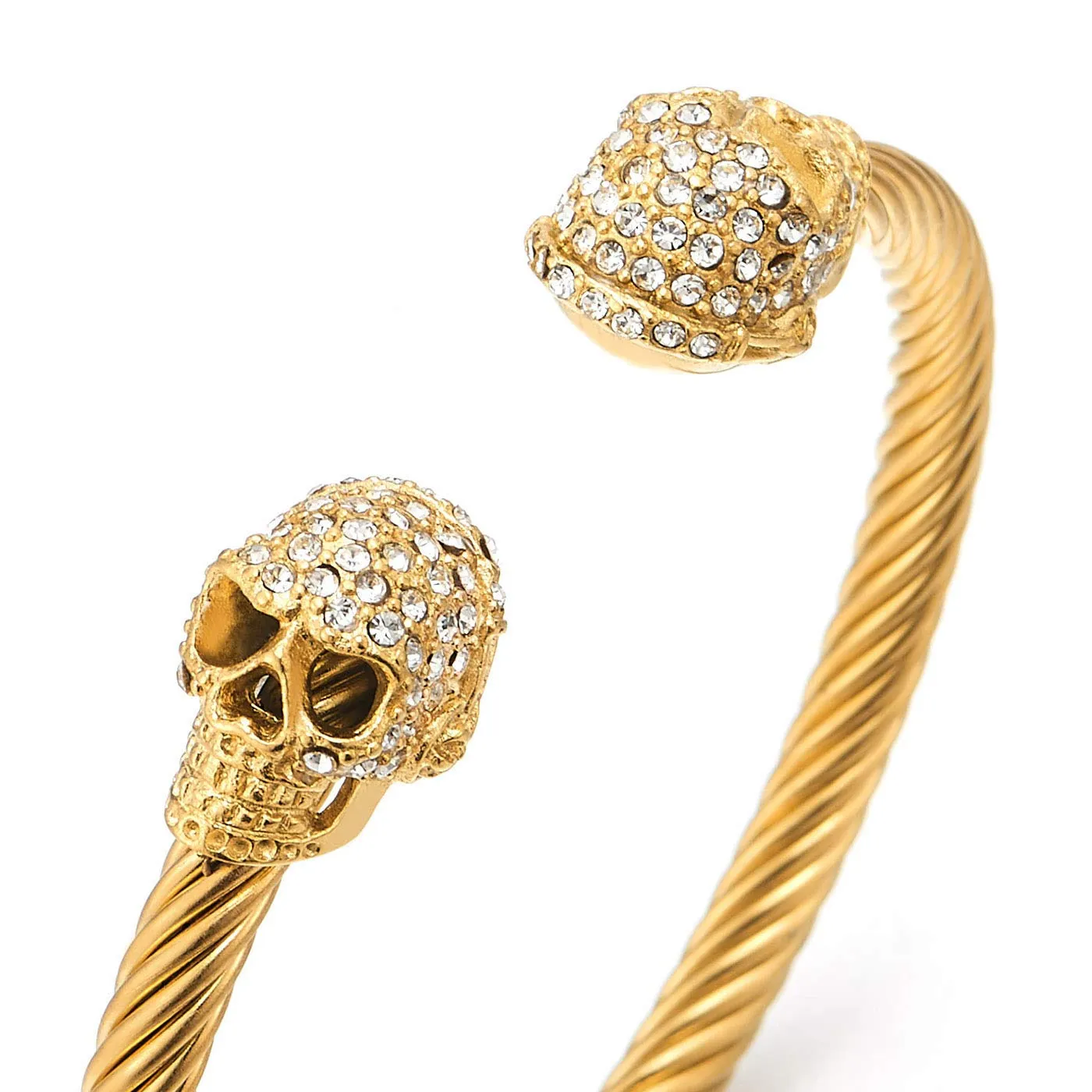 Men Women Steel Gold Skull Cuff Bangle Bracelet with Cubic Zirconia, Adjustable